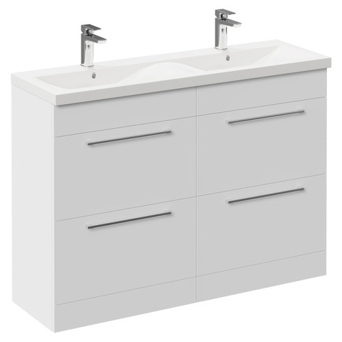 Napoli Gloss White 1200mm Floor Standing Vanity Unit with Ceramic Double Basin and 4 Drawers with Polished Chrome Handles Left Hand View