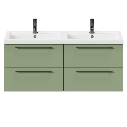 Napoli Olive Green 1200mm Wall Mounted Vanity Unit with Polymarble Double Basin and 4 Drawers with Gunmetal Grey Handles Front View Napoli Olive Green 1200mm Wall Mounted Vanity Unit with Polymarble Double Basin and 4 Drawers with Gunmetal Grey Handles Front View