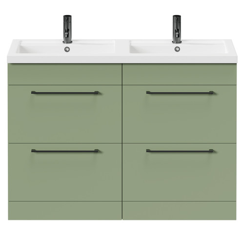 Napoli Olive Green 1200mm Floor Standing Vanity Unit with Polymarble Double Basin and 4 Drawers with Gunmetal Grey Handles Front View