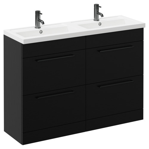 Napoli Nero Oak 1200mm Floor Standing Vanity Unit with Polymarble Double Basin and 4 Drawers with Gunmetal Grey Handles Left Hand View