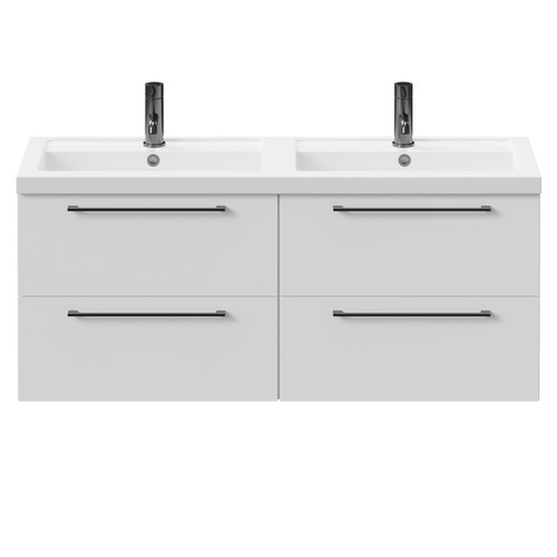 Napoli Gloss White 1200mm Wall Mounted Vanity Unit with Polymarble Double Basin and 4 Drawers with Gunmetal Grey Handles Front View