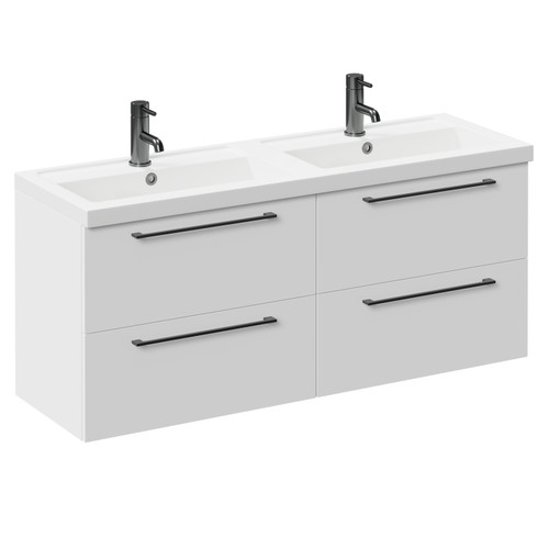 Napoli Gloss White 1200mm Wall Mounted Vanity Unit with Polymarble Double Basin and 4 Drawers with Gunmetal Grey Handles Left Hand View