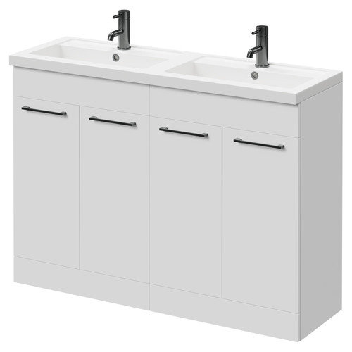 Napoli Gloss White 1200mm Floor Standing Vanity Unit with Polymarble Double Basin and 4 Doors with Gunmetal Grey Handles Right Hand View