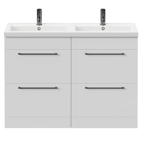 Napoli Gloss White 1200mm Floor Standing Vanity Unit with Polymarble Double Basin and 4 Drawers with Gunmetal Grey Handles Front View