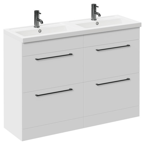 Napoli Gloss White 1200mm Floor Standing Vanity Unit with Polymarble Double Basin and 4 Drawers with Gunmetal Grey Handles Left Hand View