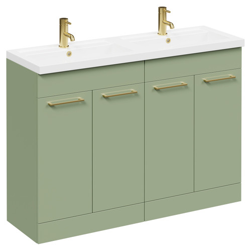 Napoli Olive Green 1200mm Floor Standing Vanity Unit with Polymarble Double Basin and 4 Doors with Brushed Brass Handles Left Hand View