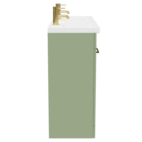 Napoli Olive Green 1200mm Floor Standing Vanity Unit with Polymarble Double Basin and 4 Doors with Brushed Brass Handles View From Side Napoli Olive Green 1200mm Floor Standing Vanity Unit with Polymarble Double Basin and 4 Doors with Brushed Brass Handles View From Side
