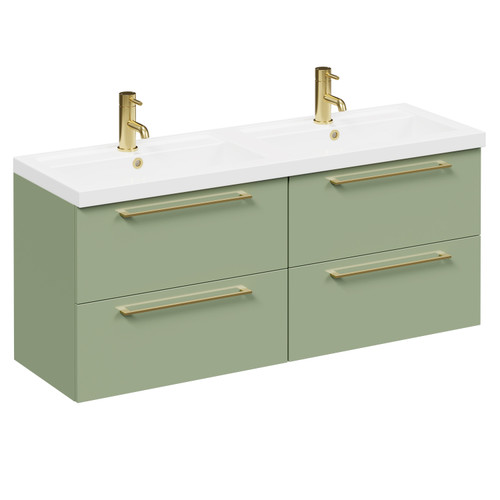 Napoli Olive Green 1200mm Wall Mounted Vanity Unit with Polymarble Double Basin and 4 Drawers with Brushed Brass Handles Left Hand View