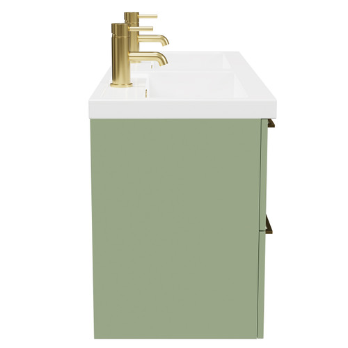 Napoli Olive Green 1200mm Wall Mounted Vanity Unit with Polymarble Double Basin and 4 Drawers with Brushed Brass Handles View From Side
