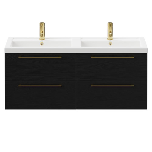 Napoli Nero Oak 1200mm Wall Mounted Vanity Unit with Polymarble Double Basin and 4 Drawers with Brushed Brass Handles Front View