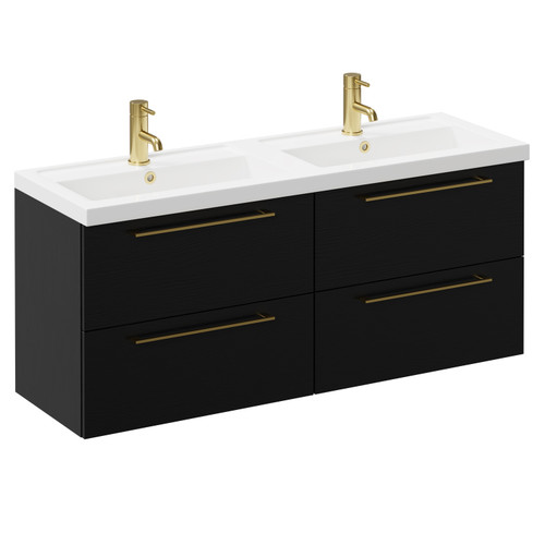 Napoli Nero Oak 1200mm Wall Mounted Vanity Unit with Polymarble Double Basin and 4 Drawers with Brushed Brass Handles Left Hand View