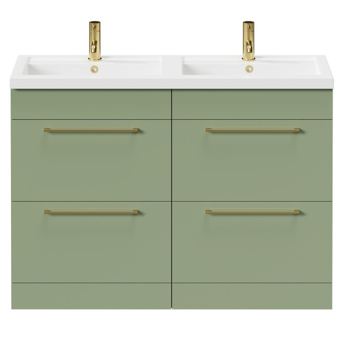 Napoli Olive Green 1200mm Floor Standing Vanity Unit with Polymarble Double Basin and 4 Drawers with Brushed Brass Handles Front View