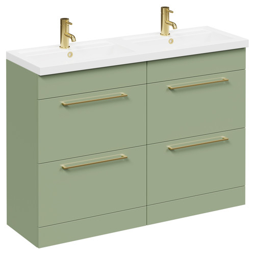 Napoli Olive Green 1200mm Floor Standing Vanity Unit with Polymarble Double Basin and 4 Drawers with Brushed Brass Handles Left Hand View