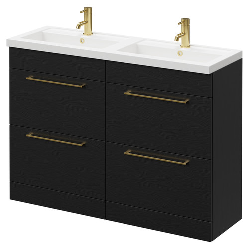 Napoli Nero Oak 1200mm Floor Standing Vanity Unit with Polymarble Double Basin and 4 Drawers with Brushed Brass Handles Right Hand View