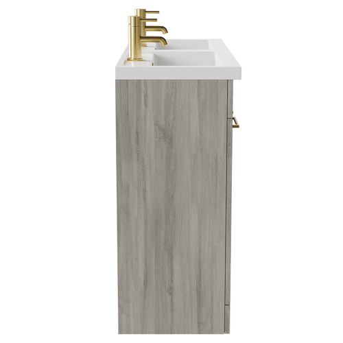 Napoli Molina Ash 1200mm Floor Standing Vanity Unit with Polymarble Double Basin and 4 Doors with Brushed Brass Handles View From Side