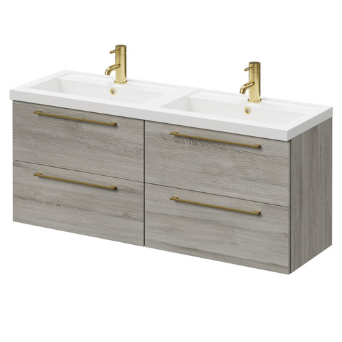 Napoli Molina Ash 1200mm Wall Mounted Vanity Unit with Polymarble Double Basin and 4 Drawers with Brushed Brass Handles Right Hand View