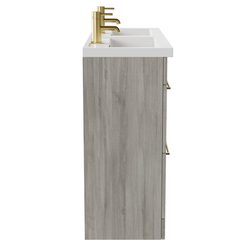 Napoli Molina Ash 1200mm Floor Standing Vanity Unit with Polymarble Double Basin and 4 Drawers with Brushed Brass Handles View From Side