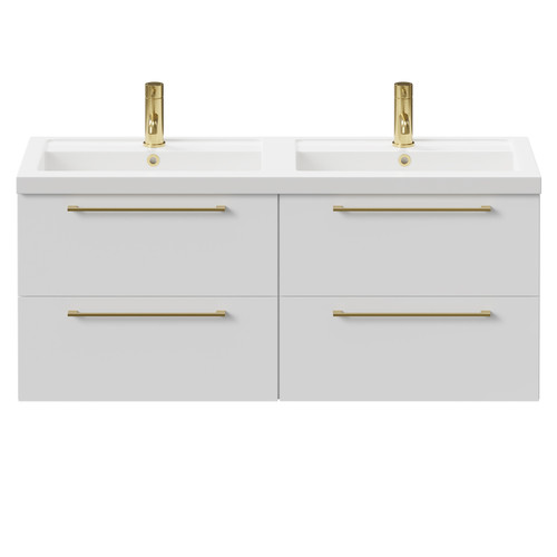 Napoli Gloss White 1200mm Wall Mounted Vanity Unit with Polymarble Double Basin and 4 Drawers with Brushed Brass Handles Front View