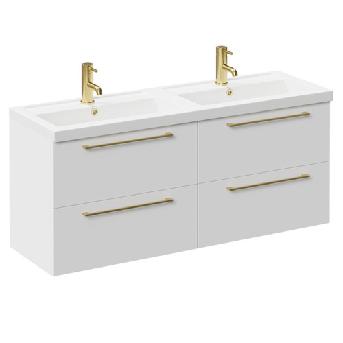 Napoli Gloss White 1200mm Wall Mounted Vanity Unit with Polymarble Double Basin and 4 Drawers with Brushed Brass Handles Left Hand View