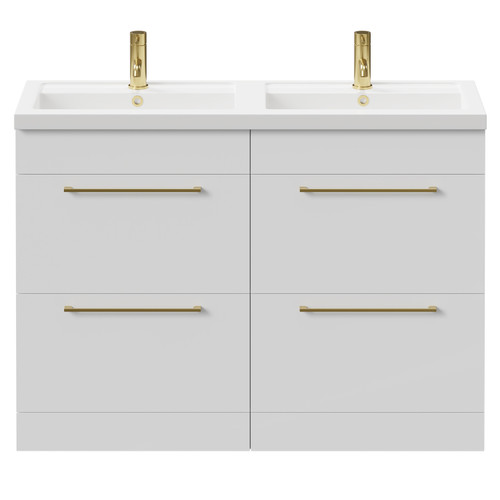 Napoli Gloss White 1200mm Floor Standing Vanity Unit with Polymarble Double Basin and 4 Drawers with Brushed Brass Handles Front View