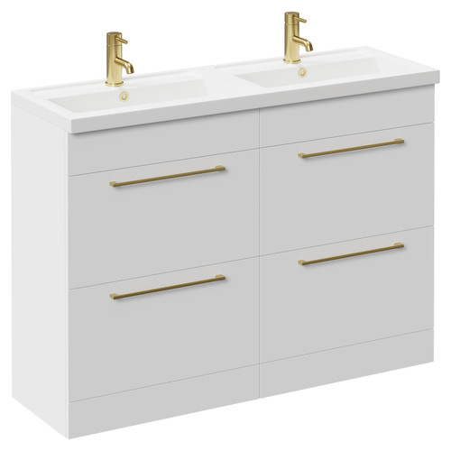 Napoli Gloss White 1200mm Floor Standing Vanity Unit with Polymarble Double Basin and 4 Drawers with Brushed Brass Handles Left Hand View