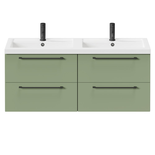 Napoli Olive Green 1200mm Wall Mounted Vanity Unit with Polymarble Double Basin and 4 Drawers with Matt Black Handles Front View Napoli Olive Green 1200mm Wall Mounted Vanity Unit with Polymarble Double Basin and 4 Drawers with Matt Black Handles Front View