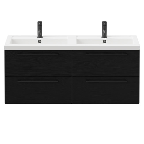 Napoli Nero Oak 1200mm Wall Mounted Vanity Unit with Polymarble Double Basin and 4 Drawers with Matt Black Handles Front View