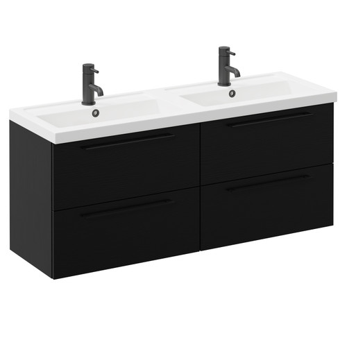Napoli Nero Oak 1200mm Wall Mounted Vanity Unit with Polymarble Double Basin and 4 Drawers with Matt Black Handles Left Hand View