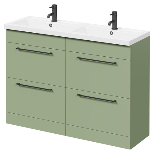 Napoli Olive Green 1200mm Floor Standing Vanity Unit with Polymarble Double Basin and 4 Drawers with Matt Black Handles Right Hand View