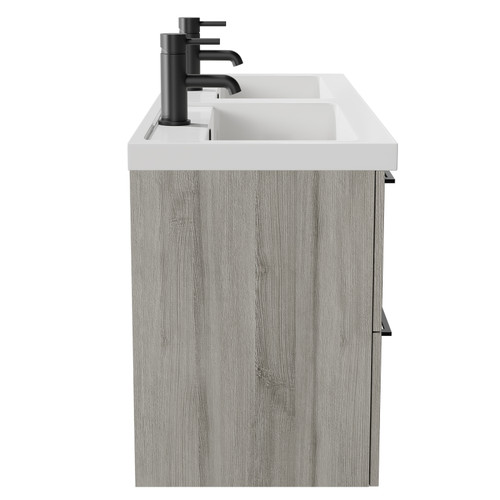 Napoli Molina Ash 1200mm Wall Mounted Vanity Unit with Polymarble Double Basin and 4 Drawers with Matt Black Handles View From Side