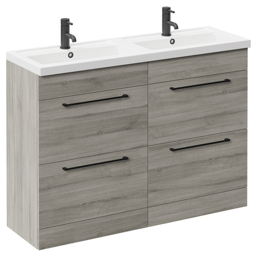 Napoli Molina Ash 1200mm Floor Standing Vanity Unit with Polymarble Double Basin and 4 Drawers with Matt Black Handles Left Hand View