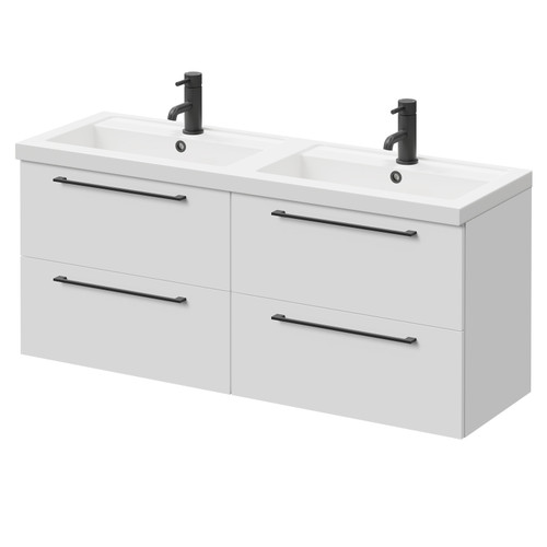 Napoli Gloss White 1200mm Wall Mounted Vanity Unit with Polymarble Double Basin and 4 Drawers with Matt Black Handles Right Hand View