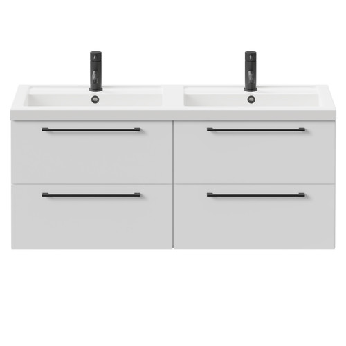 Napoli Gloss White 1200mm Wall Mounted Vanity Unit with Polymarble Double Basin and 4 Drawers with Matt Black Handles Front View