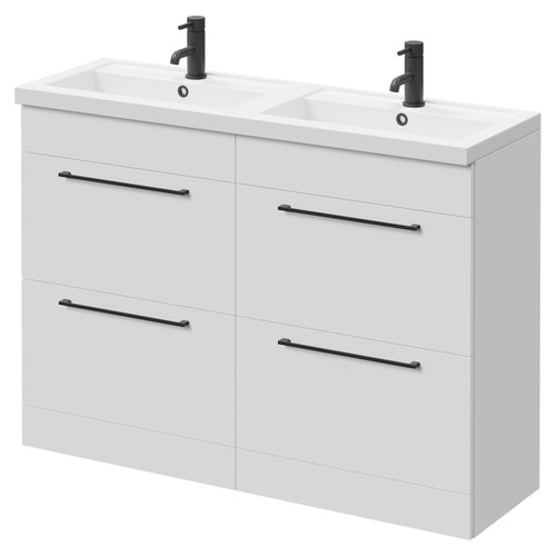 Napoli Gloss White 1200mm Floor Standing Vanity Unit with Polymarble Double Basin and 4 Drawers with Matt Black Handles Right Hand View