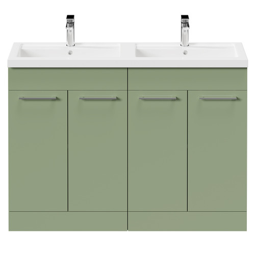 Napoli Olive Green 1200mm Floor Standing Vanity Unit with Polymarble Double Basin and 4 Doors with Polished Chrome Handles Front View
