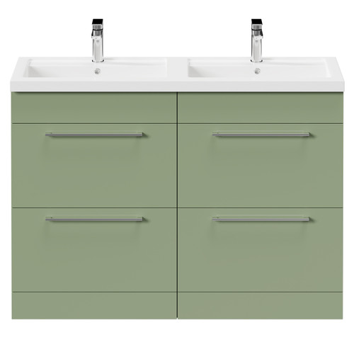 Napoli Olive Green 1200mm Floor Standing Vanity Unit with Polymarble Double Basin and 4 Drawers with Polished Chrome Handles Front View