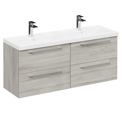 Napoli Molina Ash 1200mm Wall Mounted Vanity Unit with Polymarble Double Basin and 4 Drawers with Polished Chrome Handles Left Hand View