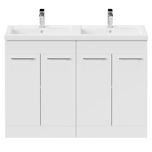 Napoli Gloss White 1200mm Floor Standing Vanity Unit with Polymarble Double Basin and 4 Doors with Polished Chrome Handles Front View