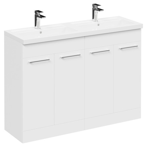 Napoli Gloss White 1200mm Floor Standing Vanity Unit with Polymarble Double Basin and 4 Doors with Polished Chrome Handles Left Hand View