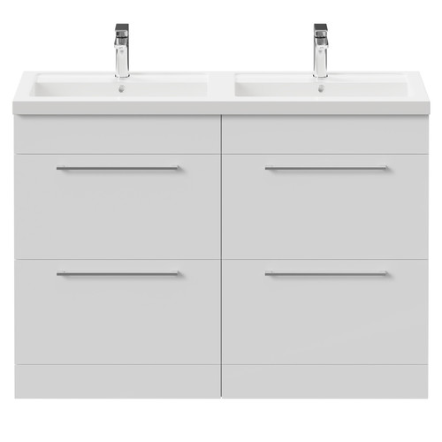 Napoli Gloss White 1200mm Floor Standing Vanity Unit with Polymarble Double Basin and 4 Drawers with Polished Chrome Handles Front View