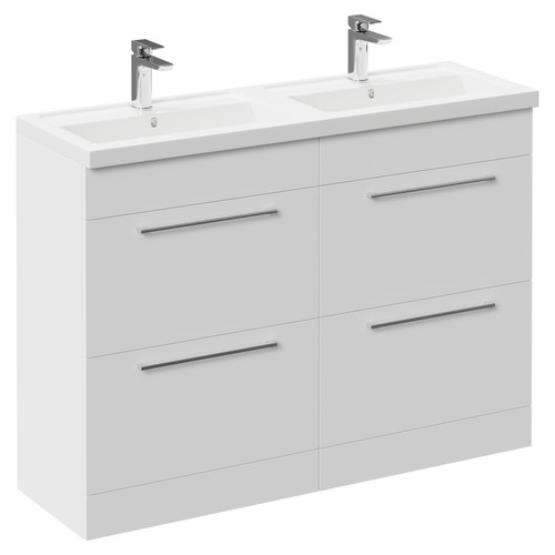 Napoli Gloss White 1200mm Floor Standing Vanity Unit with Polymarble Double Basin and 4 Drawers with Polished Chrome Handles Left Hand View