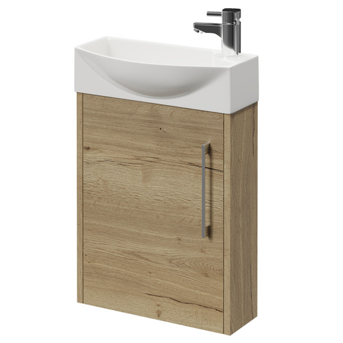 Horizon Autumn Oak 440mm Wall Mounted Vanity Unit with 1 Tap Hole Left Hand Basin and Single Door with Polished Chrome Handle Right Hand View