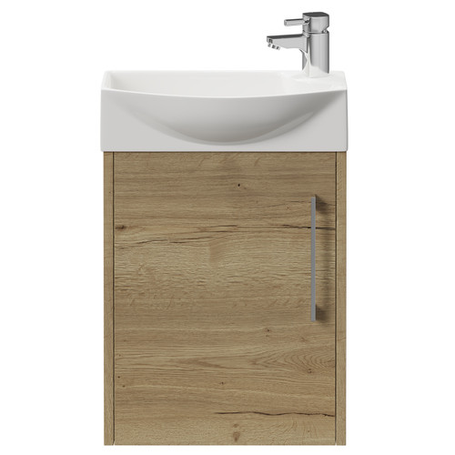 Horizon Autumn Oak 440mm Wall Mounted Vanity Unit with 1 Tap Hole Left Hand Basin and Single Door with Polished Chrome Handle View from Front