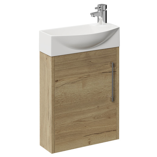 Horizon Autumn Oak 440mm Wall Mounted Vanity Unit with 1 Tap Hole Left Hand Basin and Single Door with Polished Chrome Handle Left Hand View
