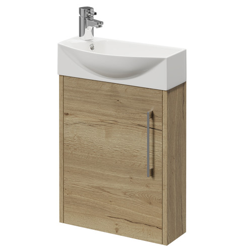 Horizon Autumn Oak 440mm Wall Mounted Vanity Unit with 1 Tap Hole Right Hand Basin and Single Door with Polished Chrome Handle Right Hand View