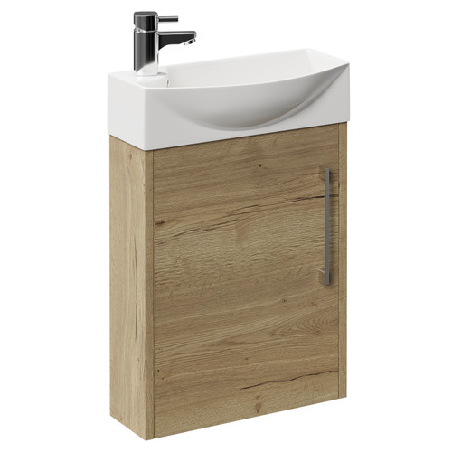 Horizon Autumn Oak 440mm Wall Mounted Vanity Unit with 1 Tap Hole Right Hand Basin and Single Door with Polished Chrome Handle Left Hand View