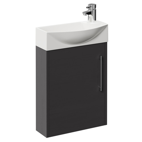 Horizon Graphite Grey 440mm Wall Mounted Vanity Unit with 1 Tap Hole Left Hand Basin and Single Door with Polished Chrome Handle Left Hand View