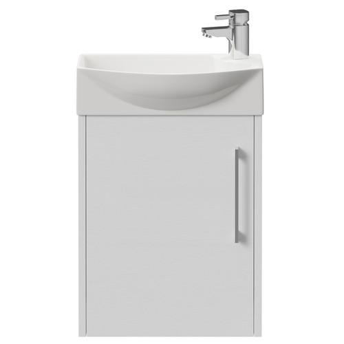 Horizon White Ash 440mm Wall Mounted Vanity Unit with 1 Tap Hole Left Hand Basin and Single Door with Polished Chrome Handle View from Front