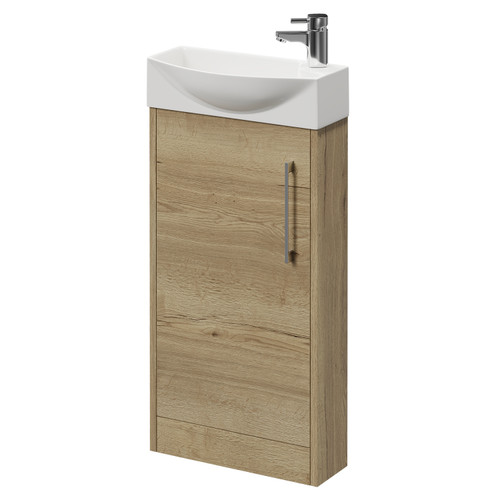 Horizon Autumn Oak 440mm Floor Standing Vanity Unit with 1 Tap Hole Left Hand Basin and Single Door with Polished Chrome Handle Right Hand View