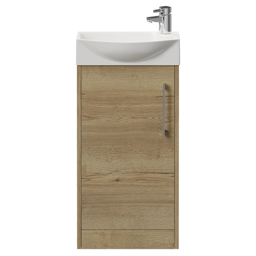 Horizon Autumn Oak 440mm Floor Standing Vanity Unit with 1 Tap Hole Left Hand Basin and Single Door with Polished Chrome Handle Front View